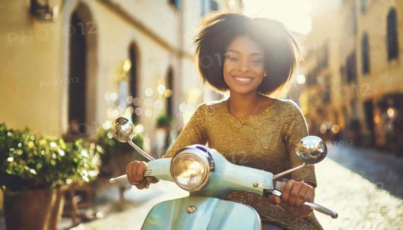 Smiling woman riding a retro scooter during the golden hour on a picturesque italian street, blurry moody landscaped background with bokeh effect, AI generated