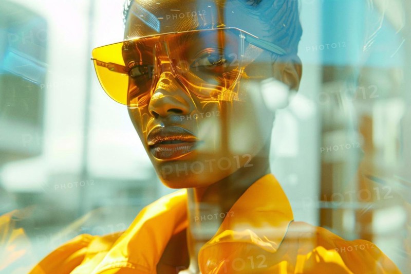 A reflective portrait of a woman in yellow sunglasses looking through a window, AI generated