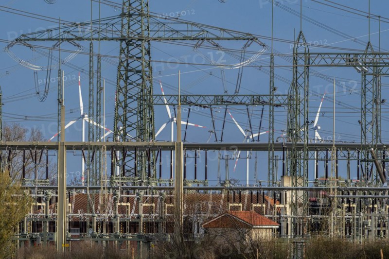 Stendal West substation with wind turbines in the background near Luederitz, Stendal, Saxony-Anhalt, Germany, Europe