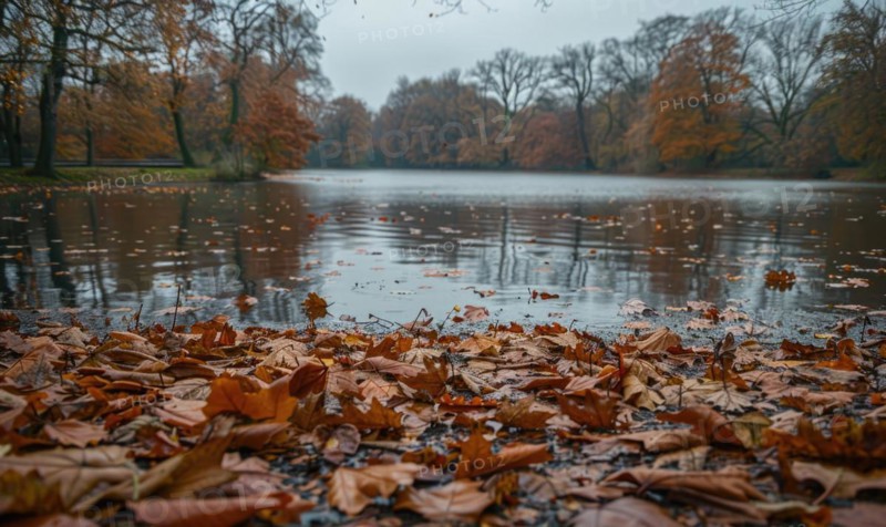 The lake covered of fallen leaves, nature background AI generated