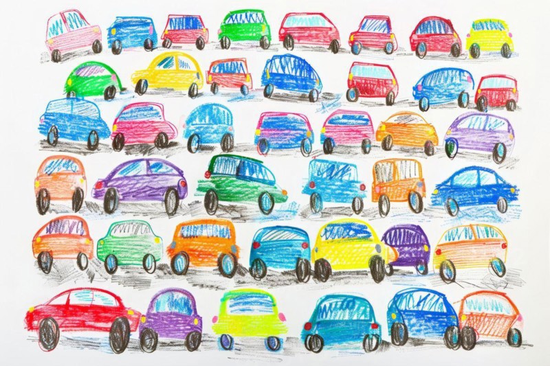Cars standing in a traffic jam, drawing with coloured pencils by a child of preschool age, primary school age, AI generated, AI generated, AI generated