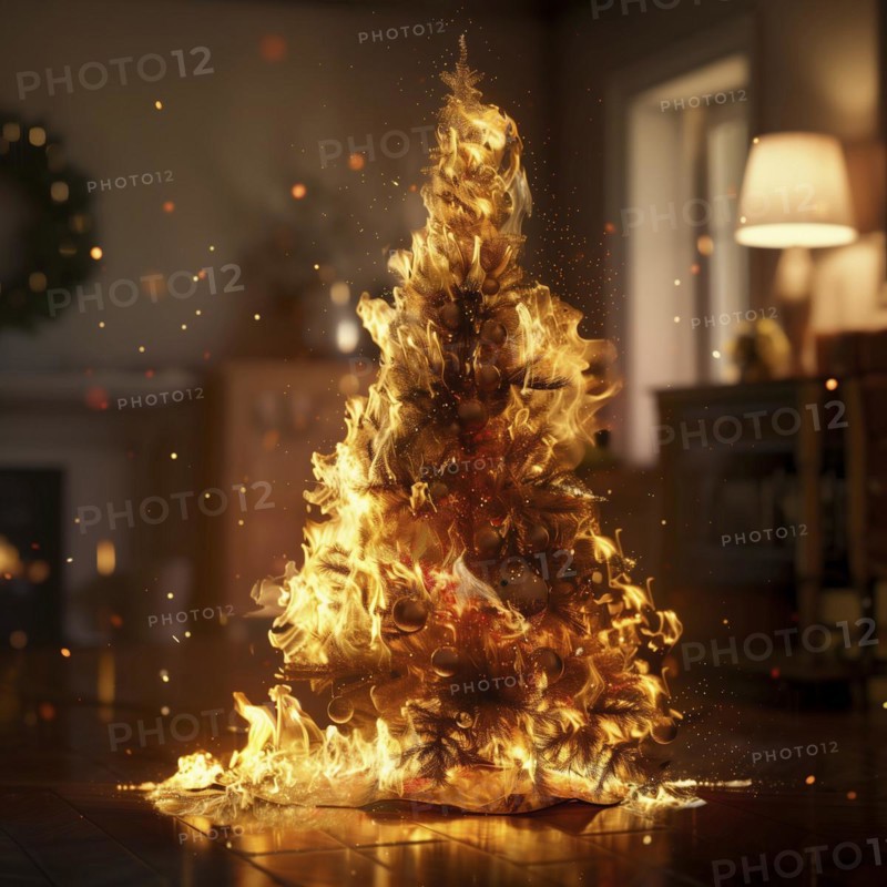 Flames consume a Christmas tree in a living room at home, AI generated