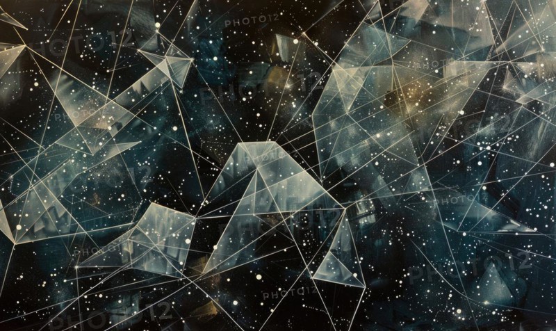 Ethereal mix of monochromatic geometric triangles set against a star-laden backdrop AI generated