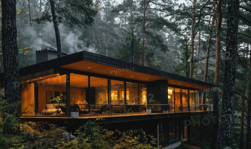 A modern wooden cabin nestled among tall pine trees in the forest AI generated