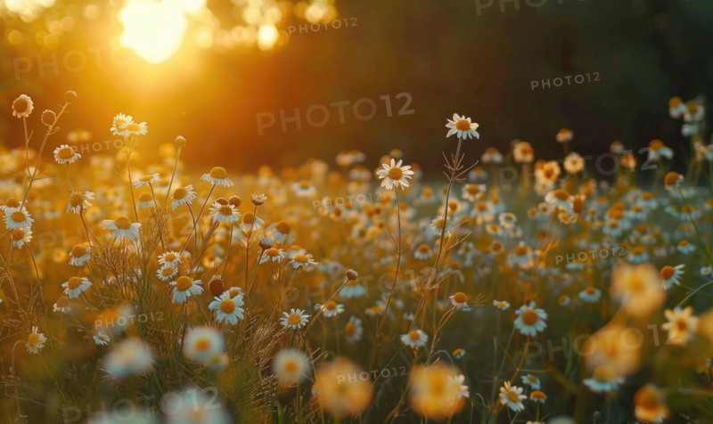 Chamomile field at golden hour, spring nature background AI generated