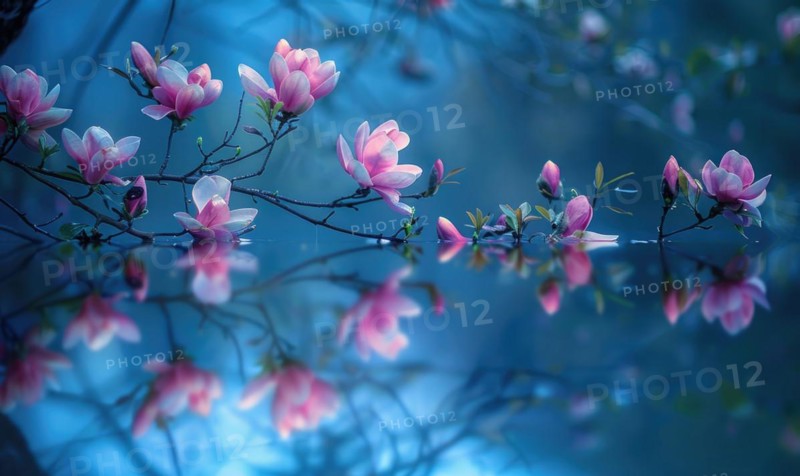 Magnolia blossoms reflected in the still waters of a tranquil pond. Magnolia blossoms touch water surface AI generated