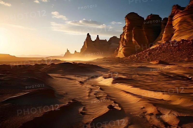 Patagonian desert landscape with powerful wind shaping landforms isolated rock formations, AI generated