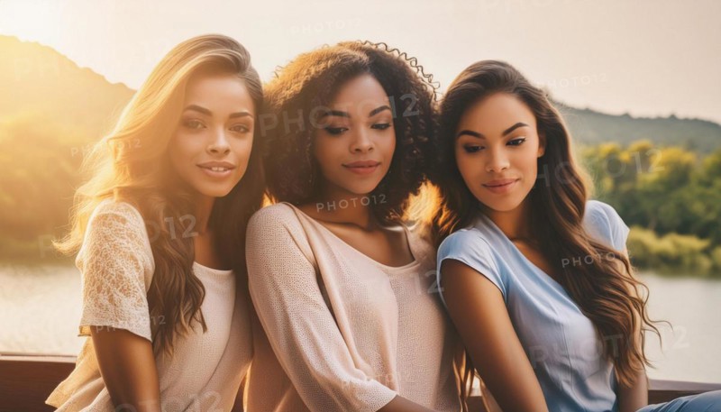 Three women friends in summer attire relaxing at a waterfront during sunset, exuding tranquility, blurry moody landscaped background with bokeh effect, AI generated