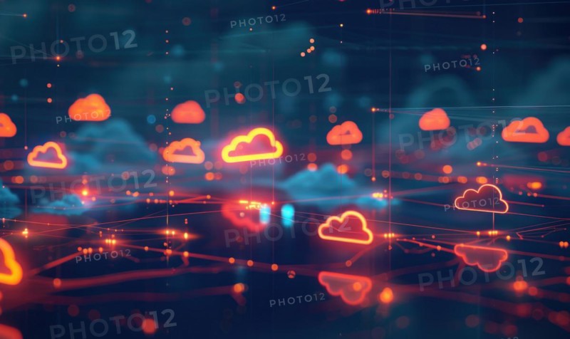 Cloud computing background with server racks and digital data streams AI generated