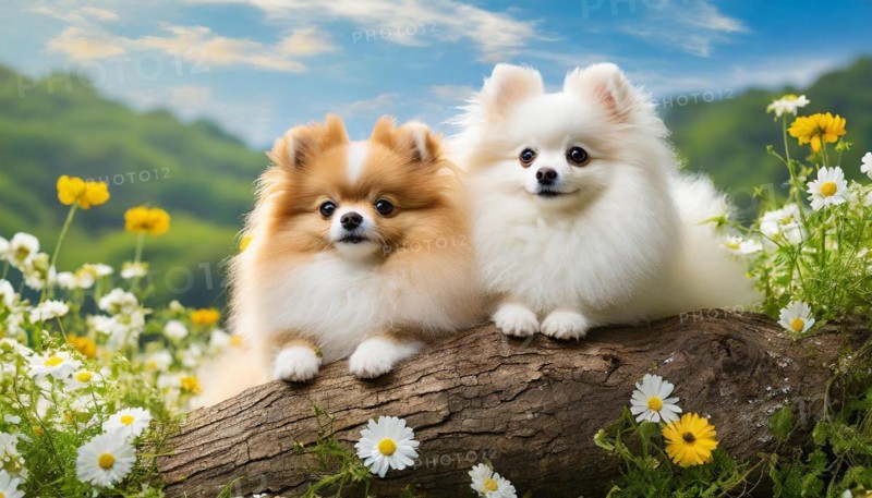 KI generated, animal, animals, mammal, mammals, a, single animal, dwarf spitz, Spitz, (Canis lupus familiaris), dog, dogs, bitch, Pomeranians, bitch and puppy lying in a flower meadow, tree trunk