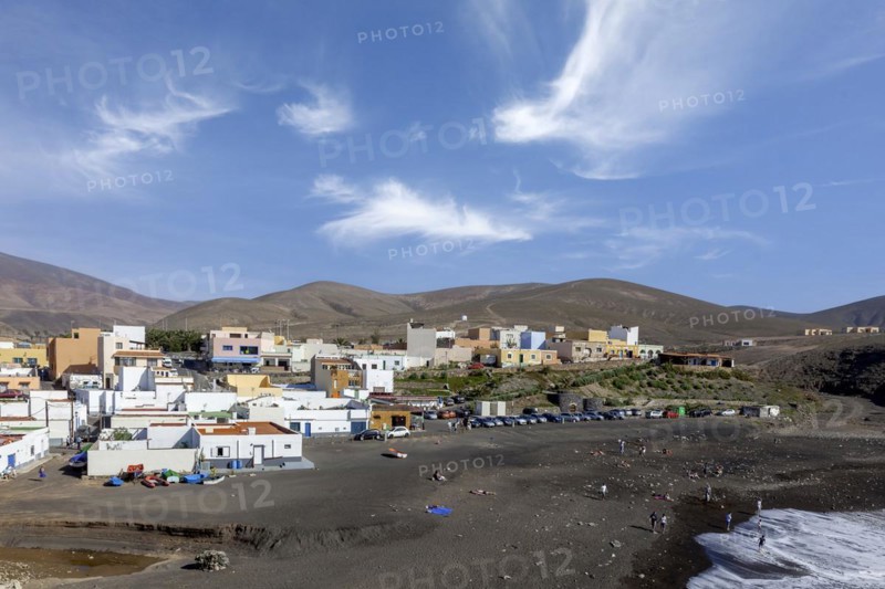 View of the fishing village Puerto de La Pena with the beach Playa de los Muertos, Ajuy, west coast, Fuerteventura, Canary Island, Spain, Europe