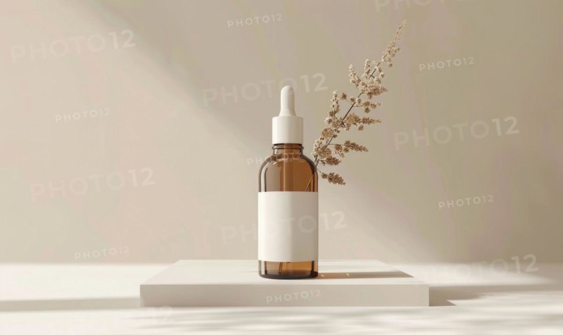 Studio shot of a minimalist glass bottle mockup containing a high-quality natural skincare serum AI generated