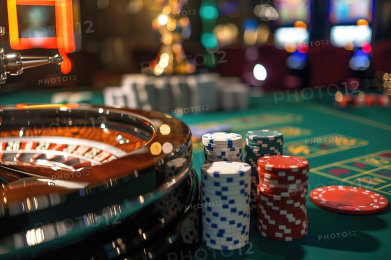 A lively casino scene with a spinning roulette wheel, colorful chips, and ambient lights, AI generated