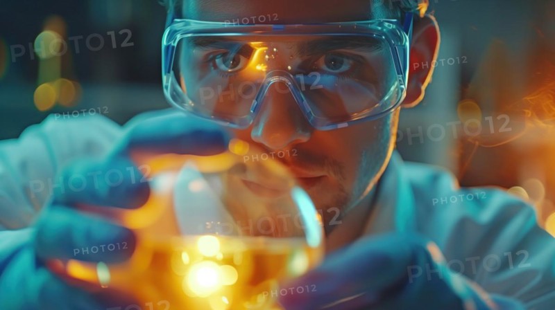 A scientist in goggles intently observes a flask with a glowing blue substance in a laboratory setting, AI generated