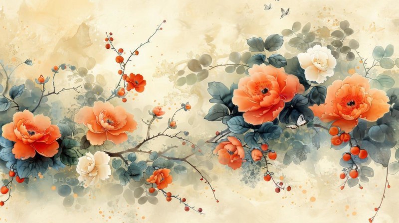 A vintage-style floral watercolor painting featuring red flowers on a pastel background, ai generated, AI generated
