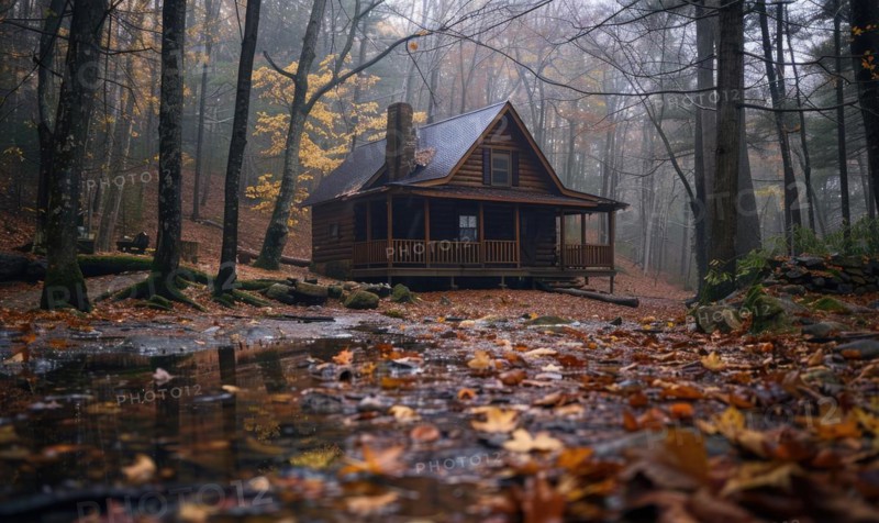 A cozy cabin nestled in a lush forest, surrounded by mist and raindrops glistening on the leaves AI generated