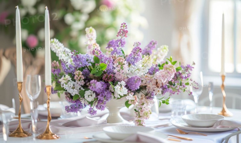 A floral arrangement featuring lilacs and laburnums on a dining table AI generated