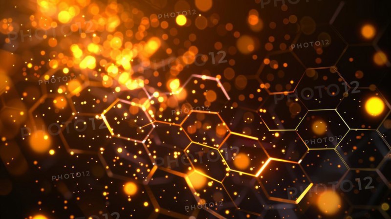 Golden geometric hexagons with a dynamic, particle-infused aesthetic, ai generated, AI generated
