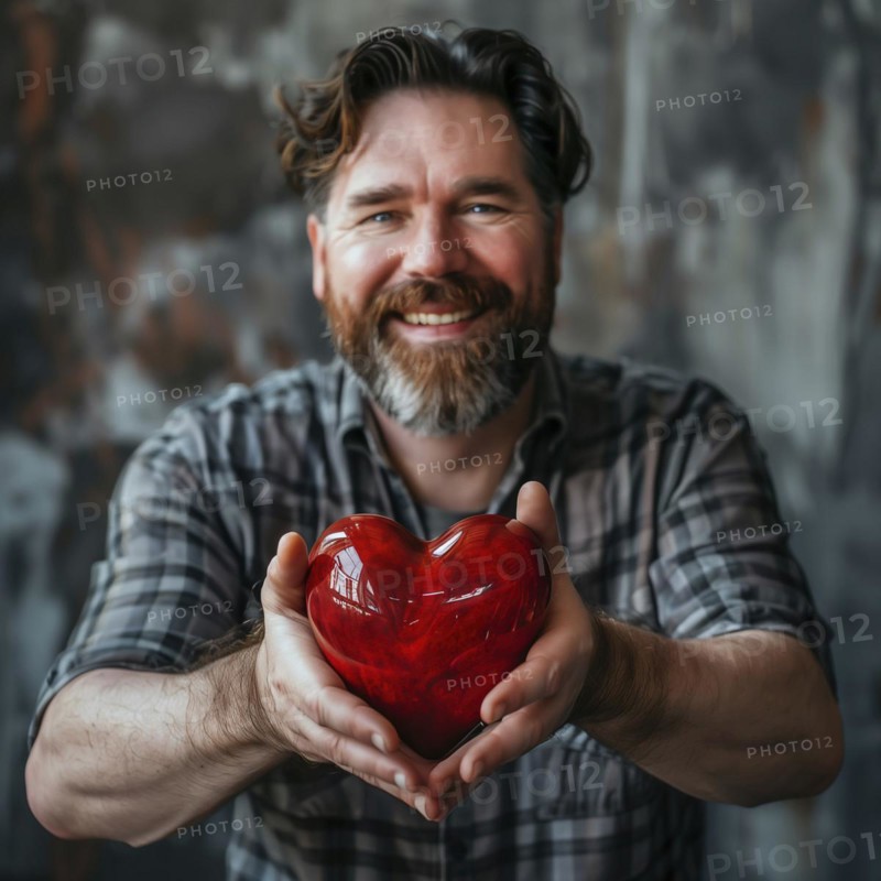 Man with beard and chequered shirt smiling and holding a red heart in his hands, AI generated