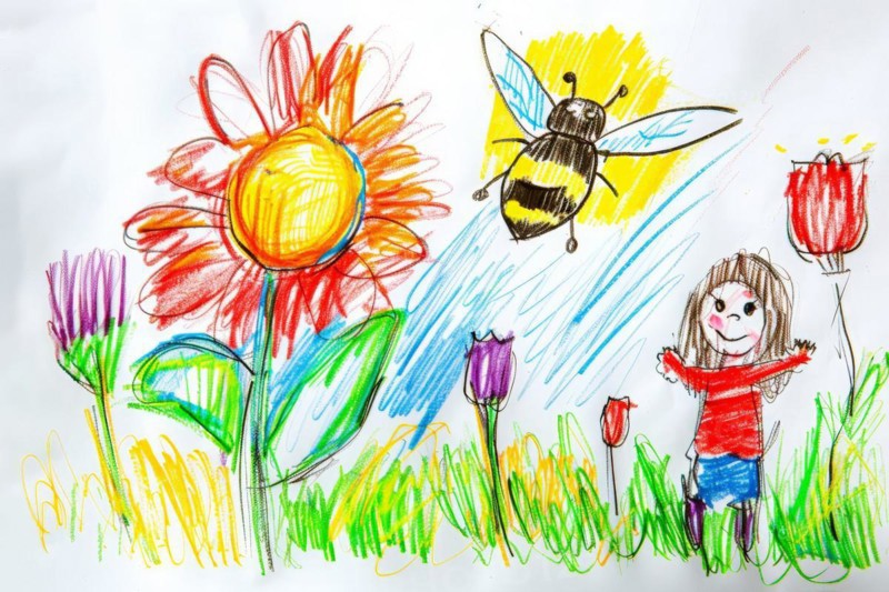 Flower meadow with bees, drawing with coloured pencils by a child of preschool age, primary school age, AI generated, AI generated, AI generated