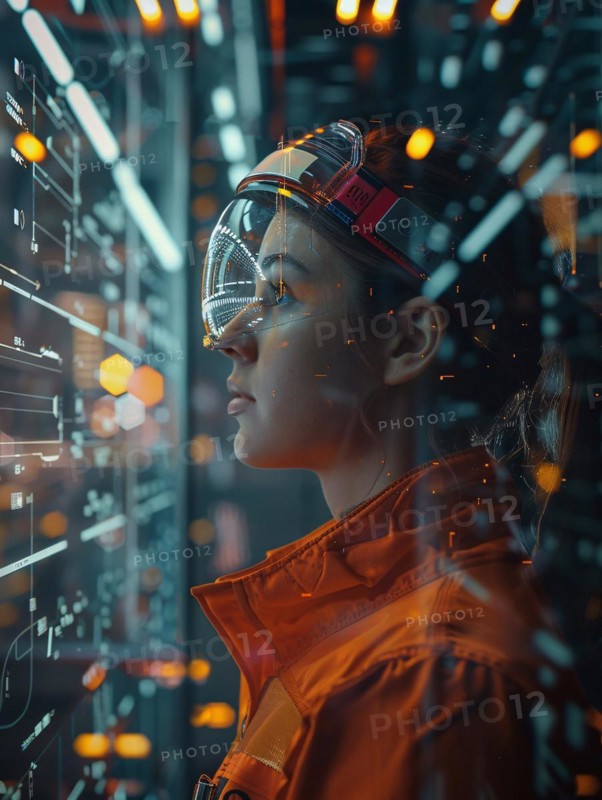 A woman in a cyberpunk setting wears advanced goggles adorned with neon lights, AI generated