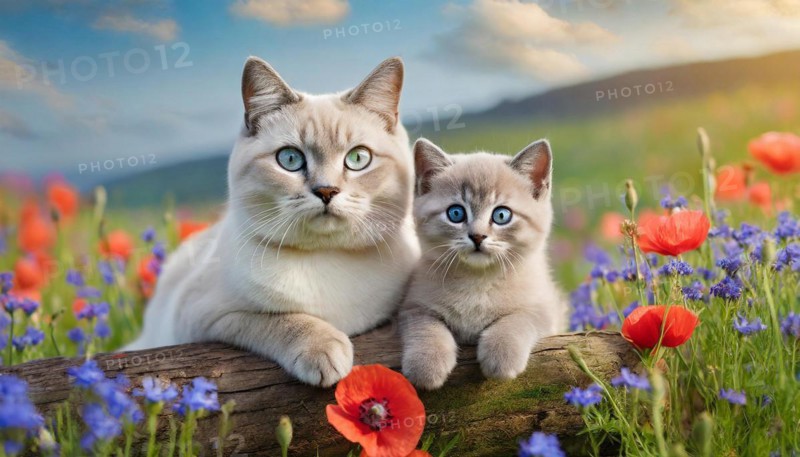 KI generated, animal, animals, mammal, mammals, cat, felidae (Felis catus), a cat and a kitten resting in a meadow with colourful flowers