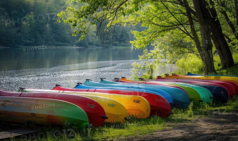 A row of colorful canoes parked beside a sparkling spring river AI generated