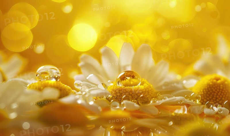 Chamomile essential oil droplets on chamomile flowers, nature beauty background AI generated