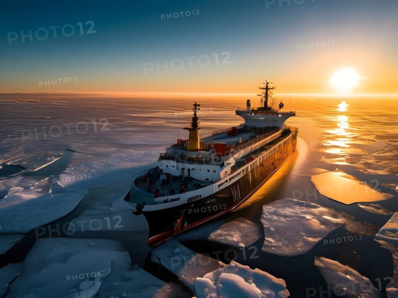 Aerial view of churned ice and open water trailing an icebreaker through pristine icy wilderness, AI generated