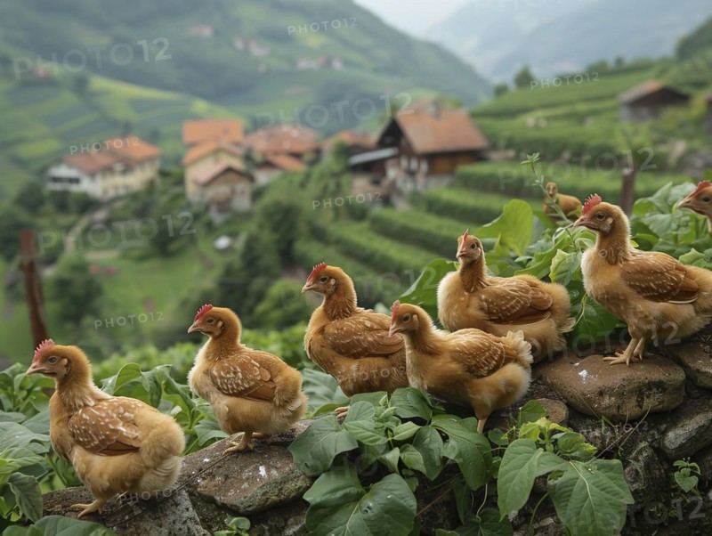 Chickens perched on a stone wall with lush green foliage and a village behind, AI generiert, AI generated