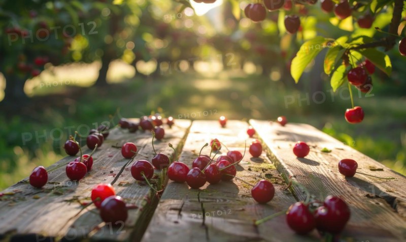 Ripe cherries scattered on a wooden picnic table in the dappled sunlight of a cherry orchard AI generated