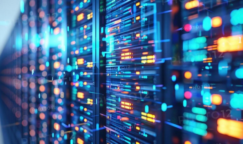 Cloud computing background with server racks and digital data streams AI generated