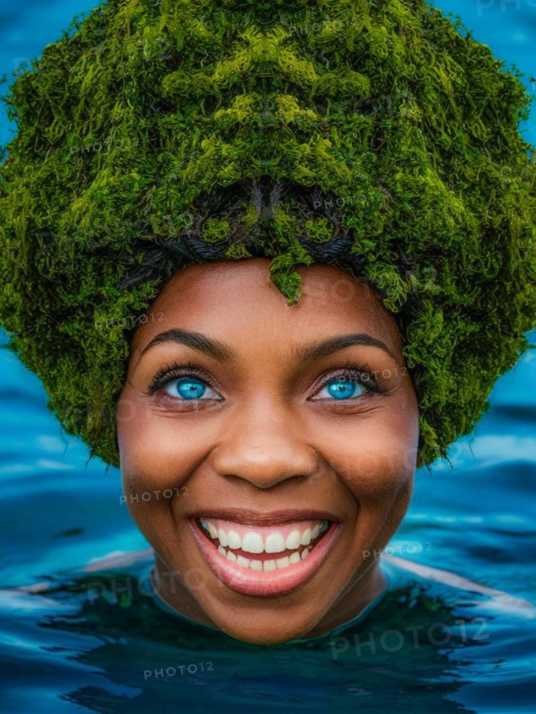 Woman emerging from blue ocean waters, refreshing smile with green foliage hat, moss growing and thriving, creating a mystical and enchanting effect, earth day concept, AI generated