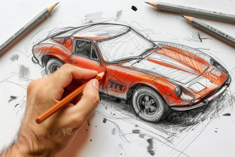 A designer in the field of automotive design, industrial design sketches a sports car from the 1960s by hand with a pencil, AI generated, AI generated, AI generated