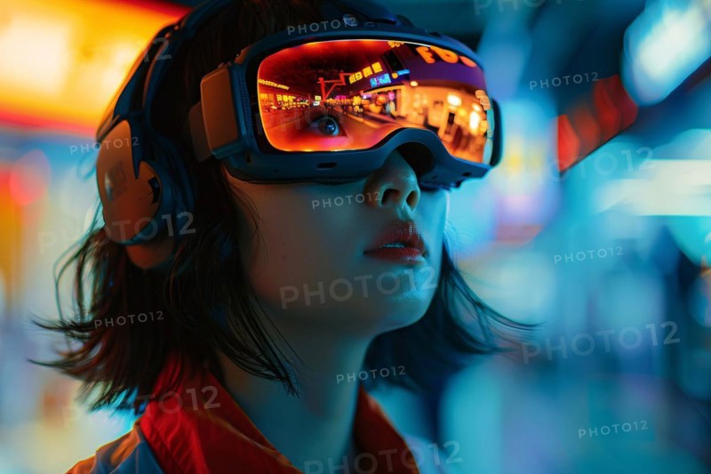 Child in awe while wearing a VR headset with neon light reflections, AI generated