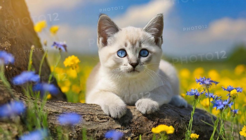 KI generated, animal, animals, mammal, mammals, cat, felidae (Felis catus), a kitten resting in a meadow on a tree trunk