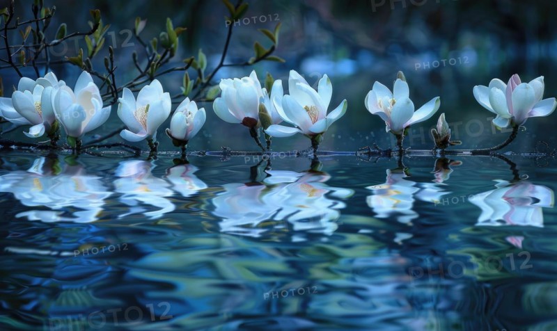 Magnolia blossoms reflected in the still waters of a tranquil pond. Magnolia blossoms touch water surface AI generated
