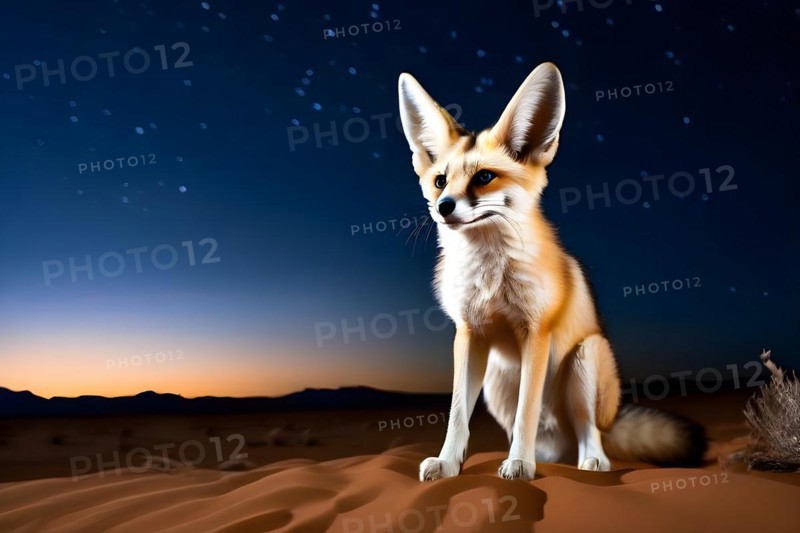 Fennec fox with perked ears traversing the saharan sands under moonlit, AI generated