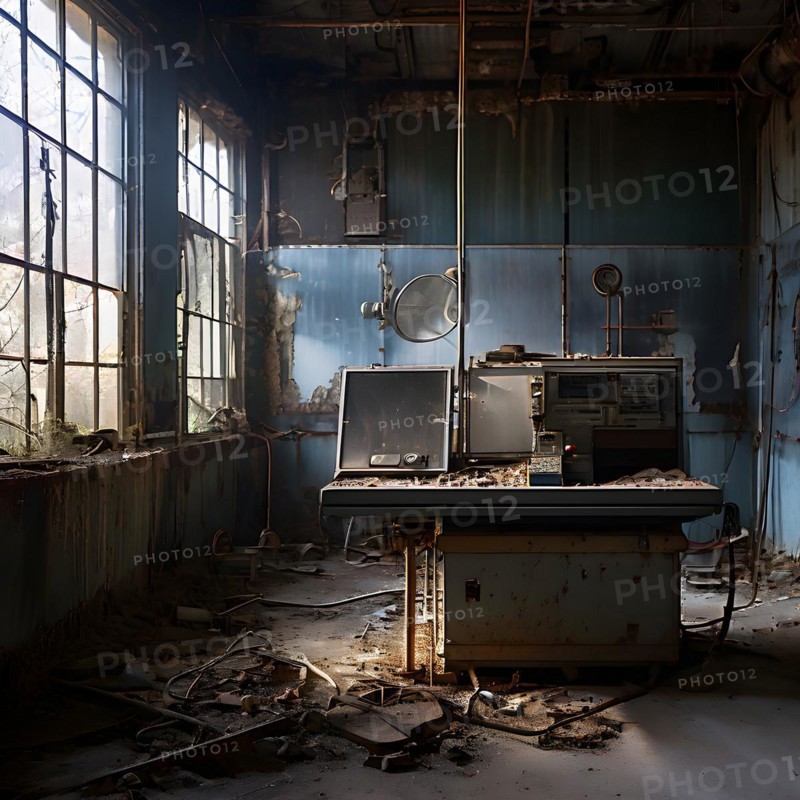 Abandoned x ray room in abandoned hospital, AI generated, hospital, damage, abandoned, ruin, decrepit
