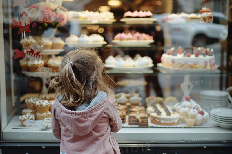 Young girl child looking at various cakes through shopping window of pastry shop. KI generiert, generiert, AI generated
