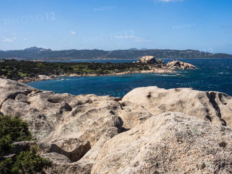 Typical granite rock formations in front of a bay, Baja Sardinia, Costa Smeralda, Sardinia, Italy, Europe