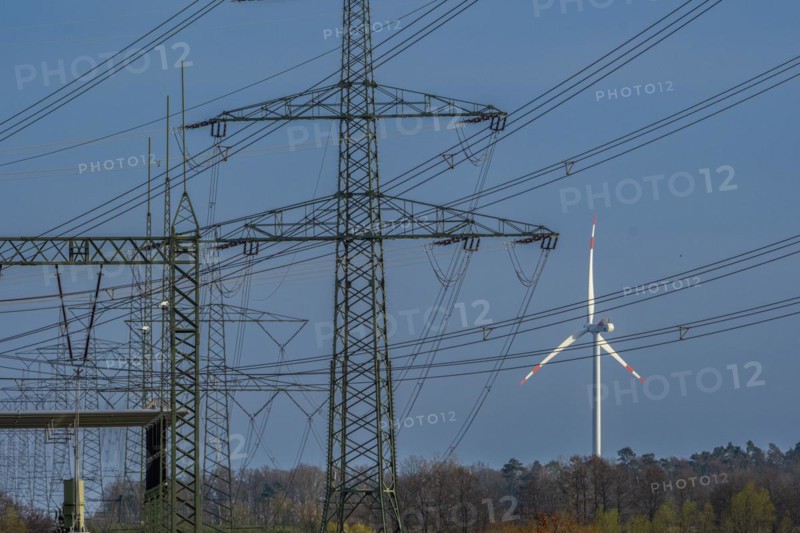 Stendal West substation with wind turbines in the background near Luederitz, Stendal, Saxony-Anhalt, Germany, Europe