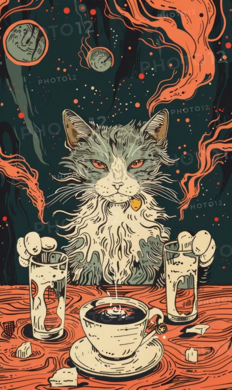 A cat is sitting at a table with two cups of coffee and a sugar cube. The cat appears to be angry and is holding one of the cups in its mouth AI generated