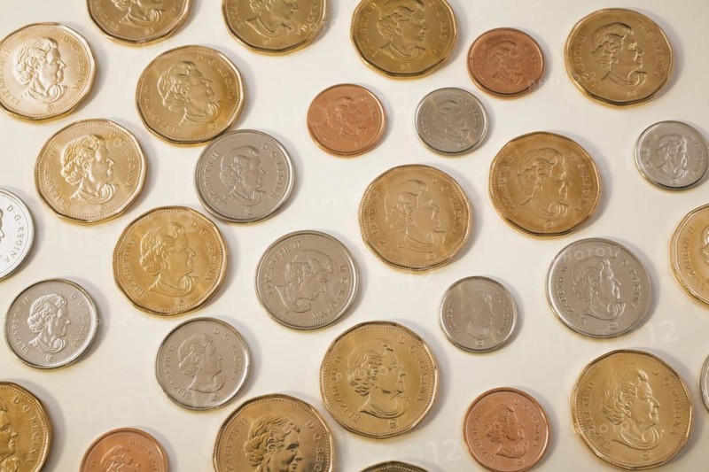 Portrait of Queen Elizabeth II on Canadian one dollar, twenty five, ten, five and one cent coins on white background, Studio Composition, Quebec, Canada, North America