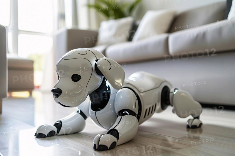 Cute robotic dog on livingr oom floor. KI generiert, generiert, AI generated