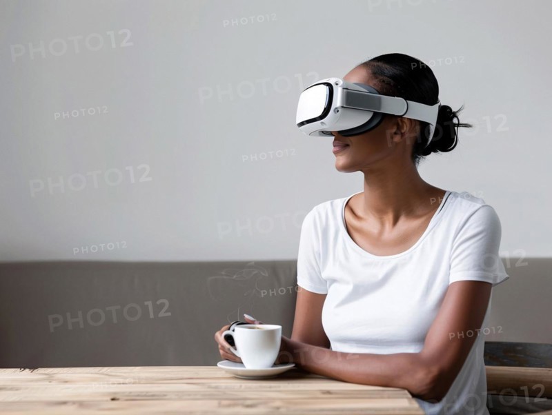 A woman enjoying a VR experience while holding a coffee mug, seated at a wooden table, AI generated