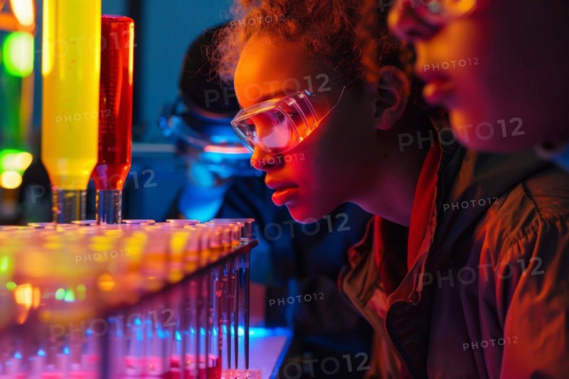 Pupils experimenting in a classroom with safety goggles, chemistry lessons, AI generated, AI generated, AI generated