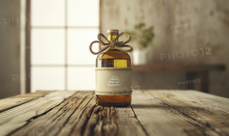 Amber glass bottle mockup containing premium organic oil, beauty care produce background AI generated