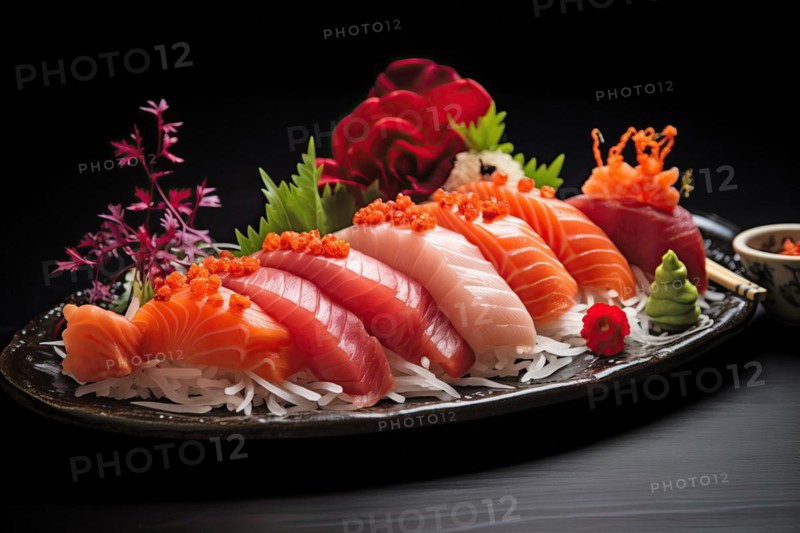 Exquisite Sushi Platter with Fresh Sashimi and Soy Sauce, AI generated