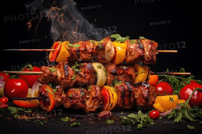 Gourmet Grilled Meat Skewers Shashlik with Fresh Vegetables, AI generated
